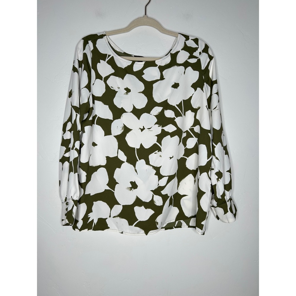 Ann Taylor Factory Floral Blouse Long Sleeve Large Petite Olive Off White Office